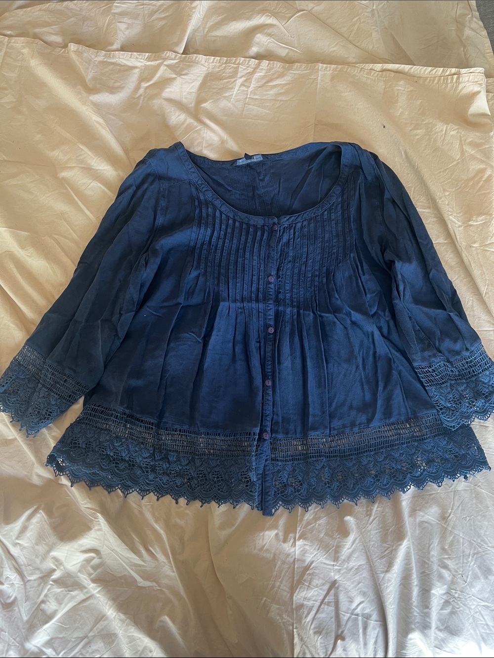 American Eagle Navy Boho Button-Front Blouse with Lace Trim Size L